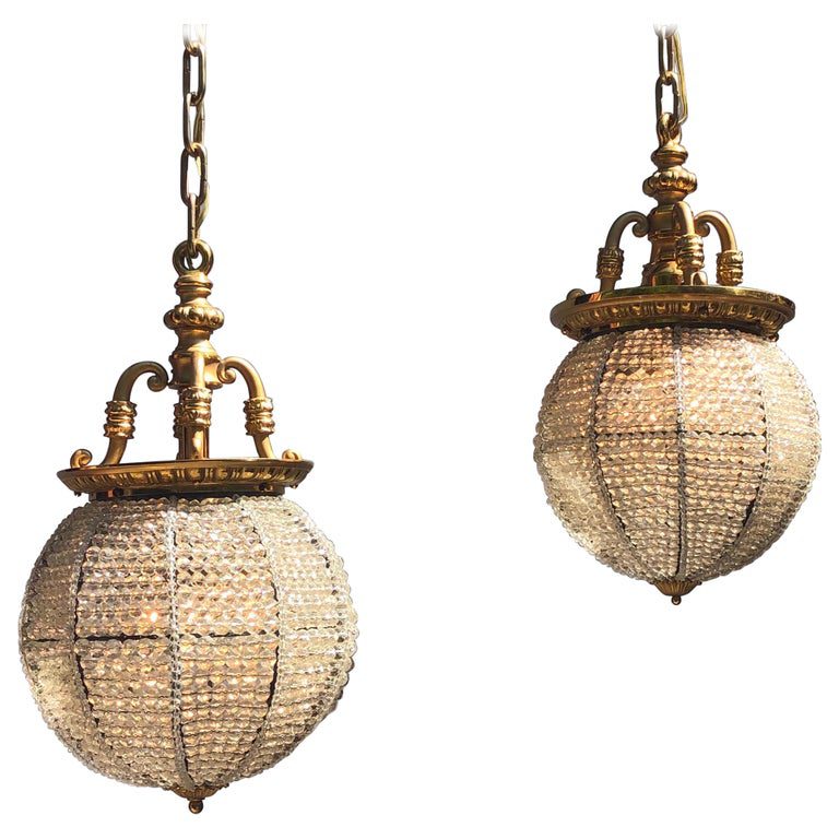 Pair Belle Epoque Bronze and Beaded Crystal Sphere Chandeliers Pendants David Skinner Antiques